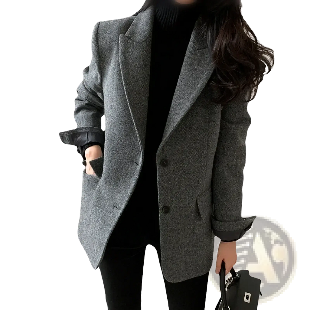 Women gray herringbone wool blend slim fit blazer with classic double breasted design and black button accents