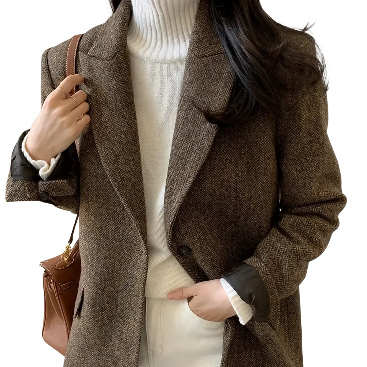 Women gray herringbone wool slim fit blazer with brown herringbone wool coat and black leather trim on cuffs and lining