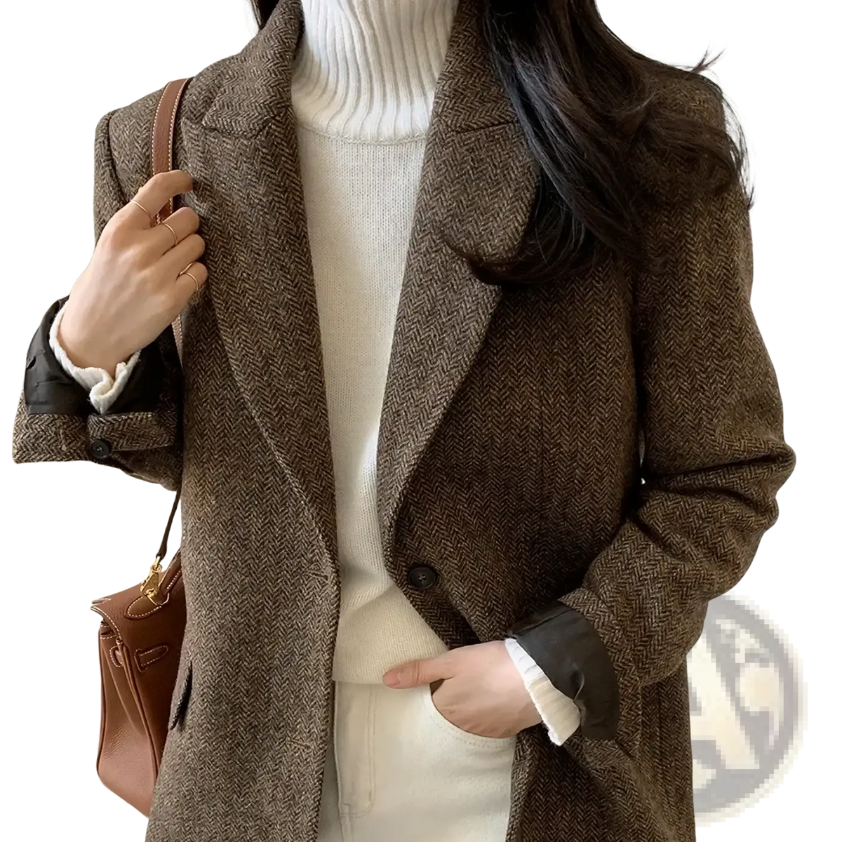 Women gray herringbone wool slim fit blazer with brown herringbone wool coat and black leather trim on cuffs and lining