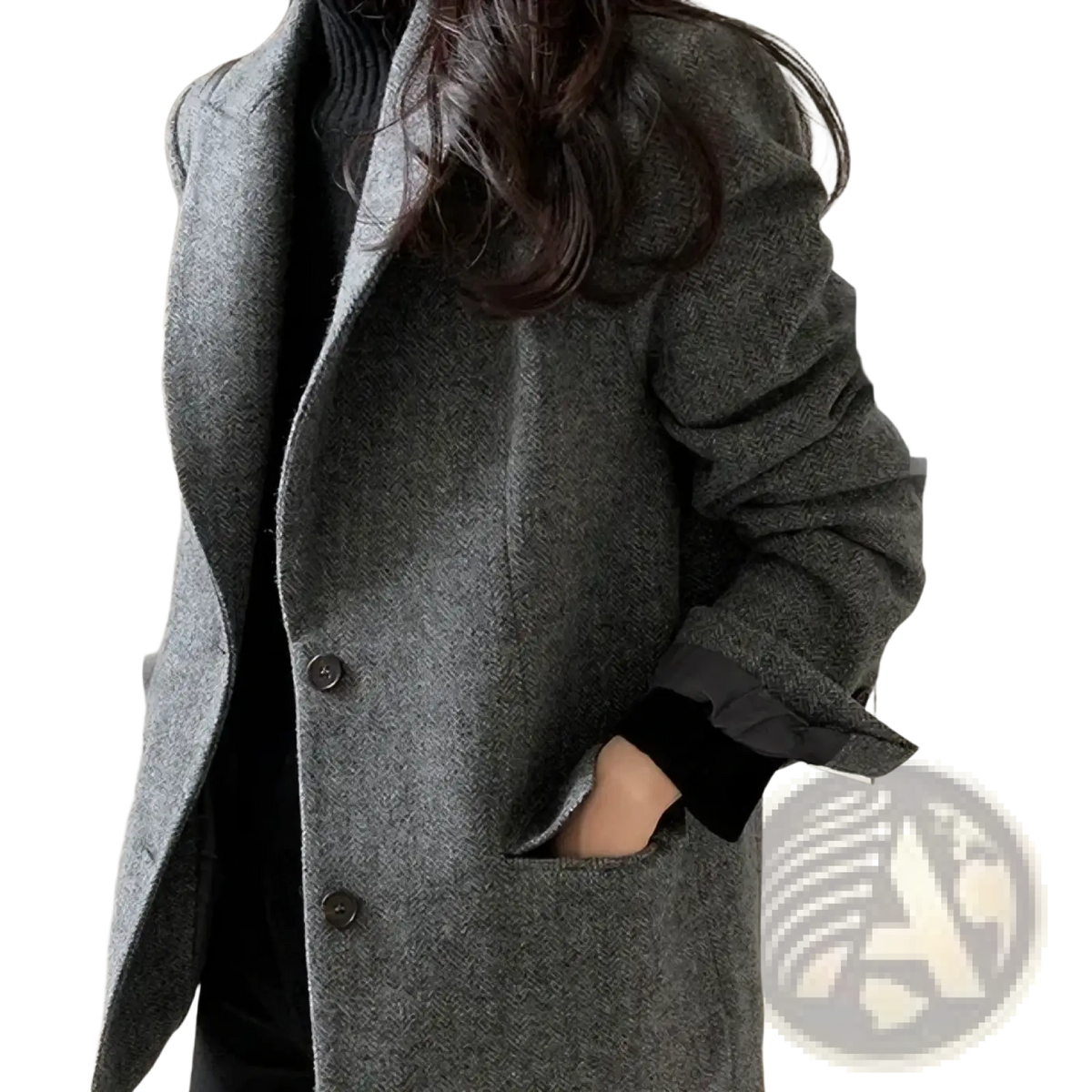 Women gray herringbone wool slim fit blazer featuring black buttons and ribbed cuffs