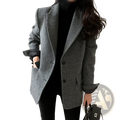 Women gray herringbone wool slim fit blazer with black buttons and rolled-up sleeves in textured fabric