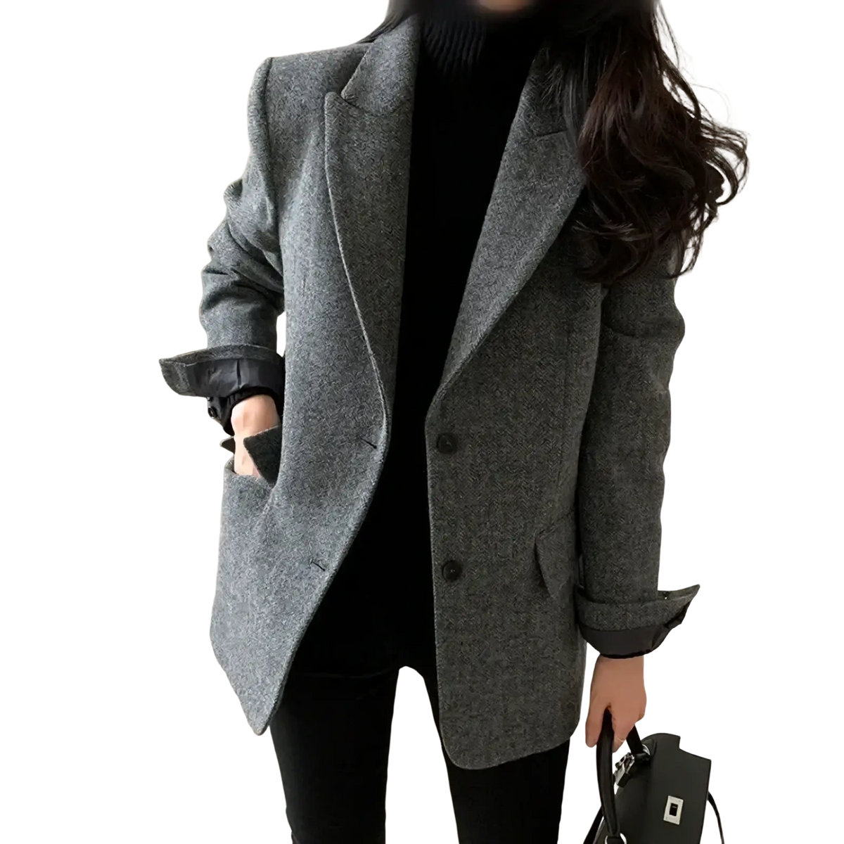 Women gray herringbone wool slim fit blazer with black buttons and rolled-up sleeves in textured fabric