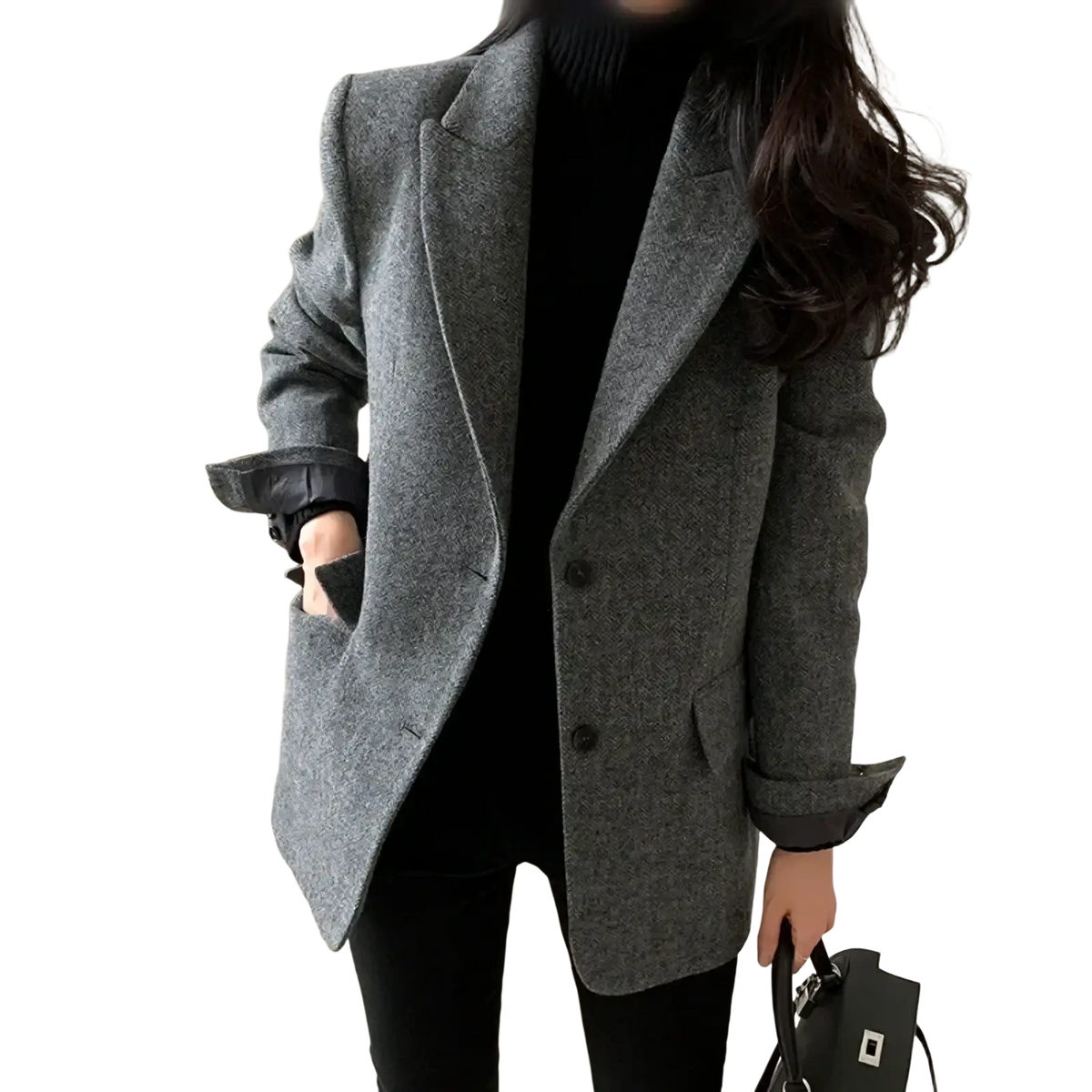Women gray herringbone wool slim fit blazer with black buttons and rolled-up sleeves in textured fabric