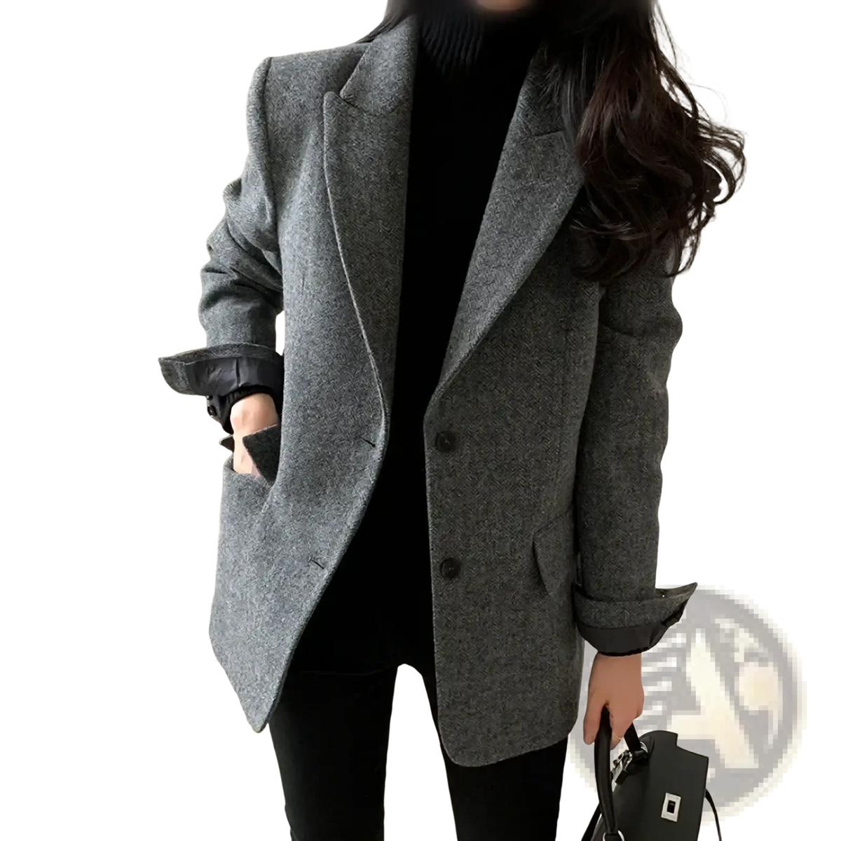 Women gray herringbone wool slim fit blazer with black buttons and rolled-up sleeves in textured fabric