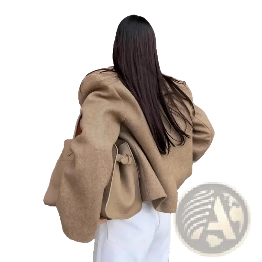 Women gray tweed shoulder pad blazer jacket with cozy camel-colored wool coat featuring relaxed oversized fit and soft texture