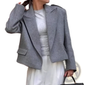 Women gray tweed blazer jacket with structured shoulder pads and flap pockets in gray wool material