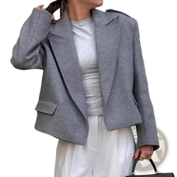 Women gray tweed blazer jacket with structured shoulder pads and flap pockets in gray wool material