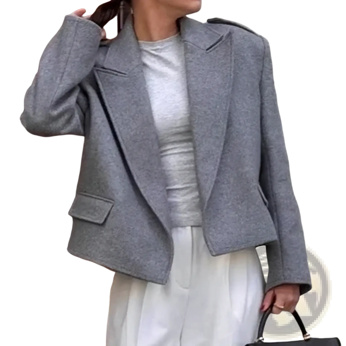 Women gray tweed blazer jacket with structured shoulder pads and flap pockets in gray wool material