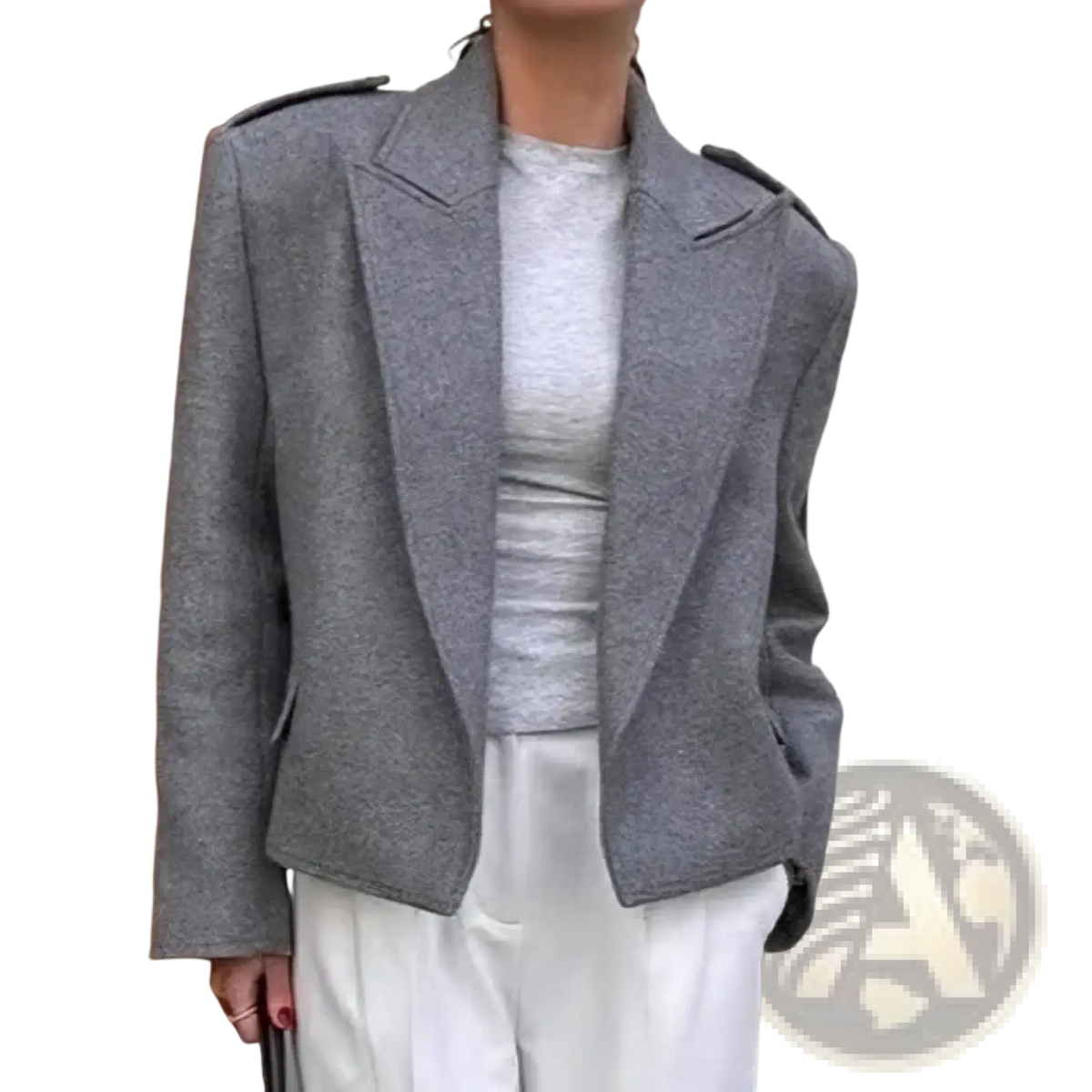 Women gray tweed blazer jacket with structured shoulder pads and tailored fit in wool material for formal wear