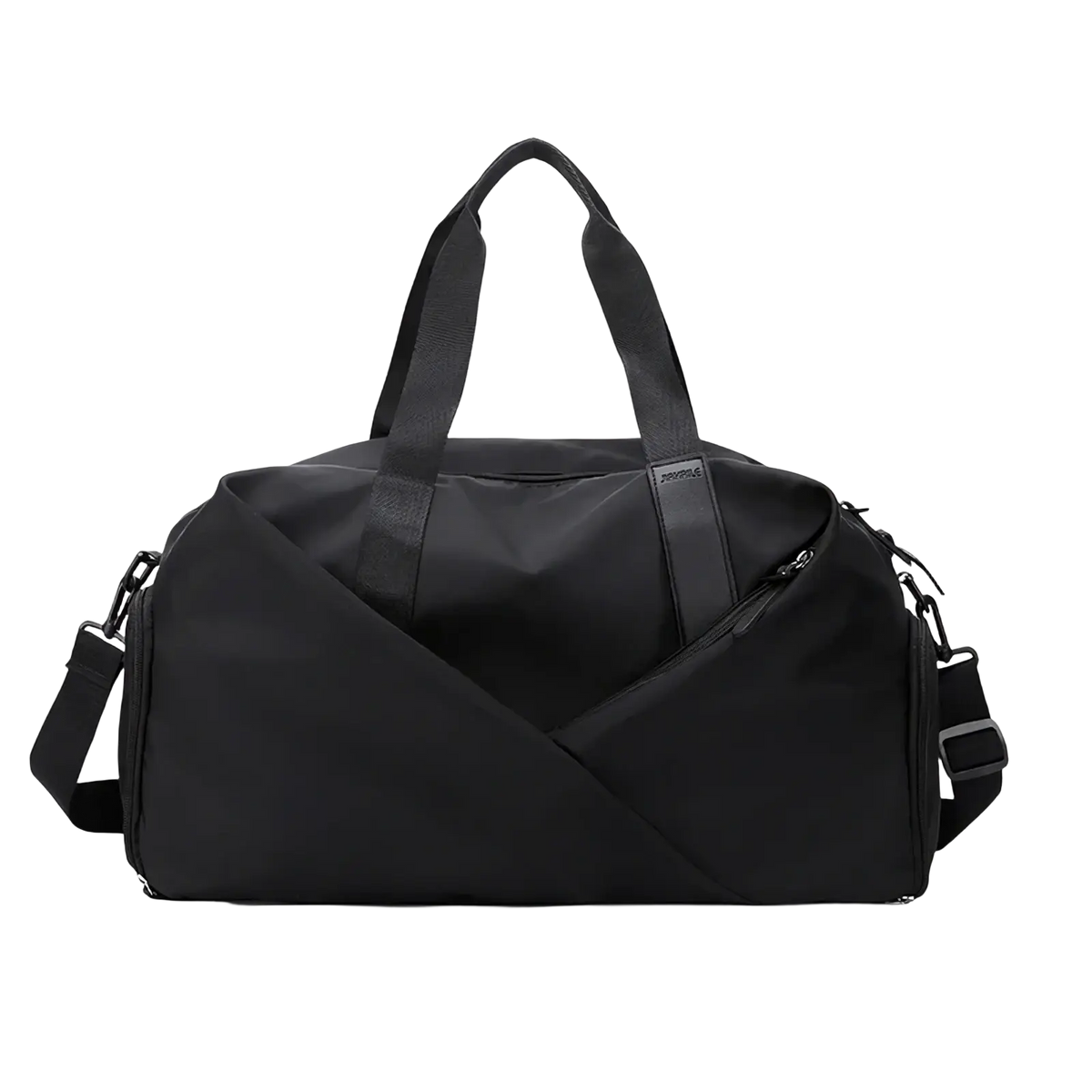 Black nylon women gym duffel bag with wet dry separation reinforced handles and adjustable shoulder strap