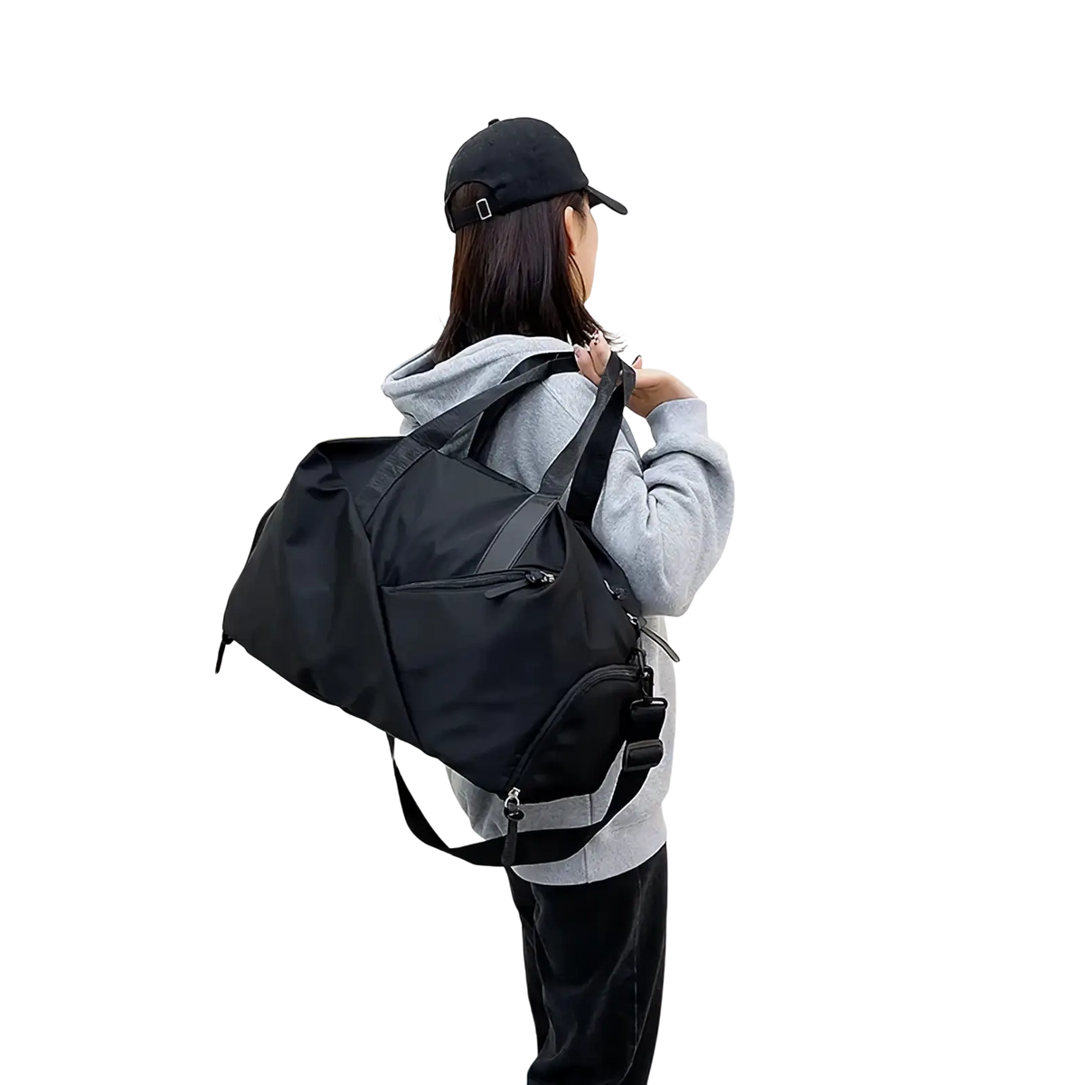 Black nylon women gym duffel bag with adjustable shoulder strap and front zippered pocket for wet dry separation