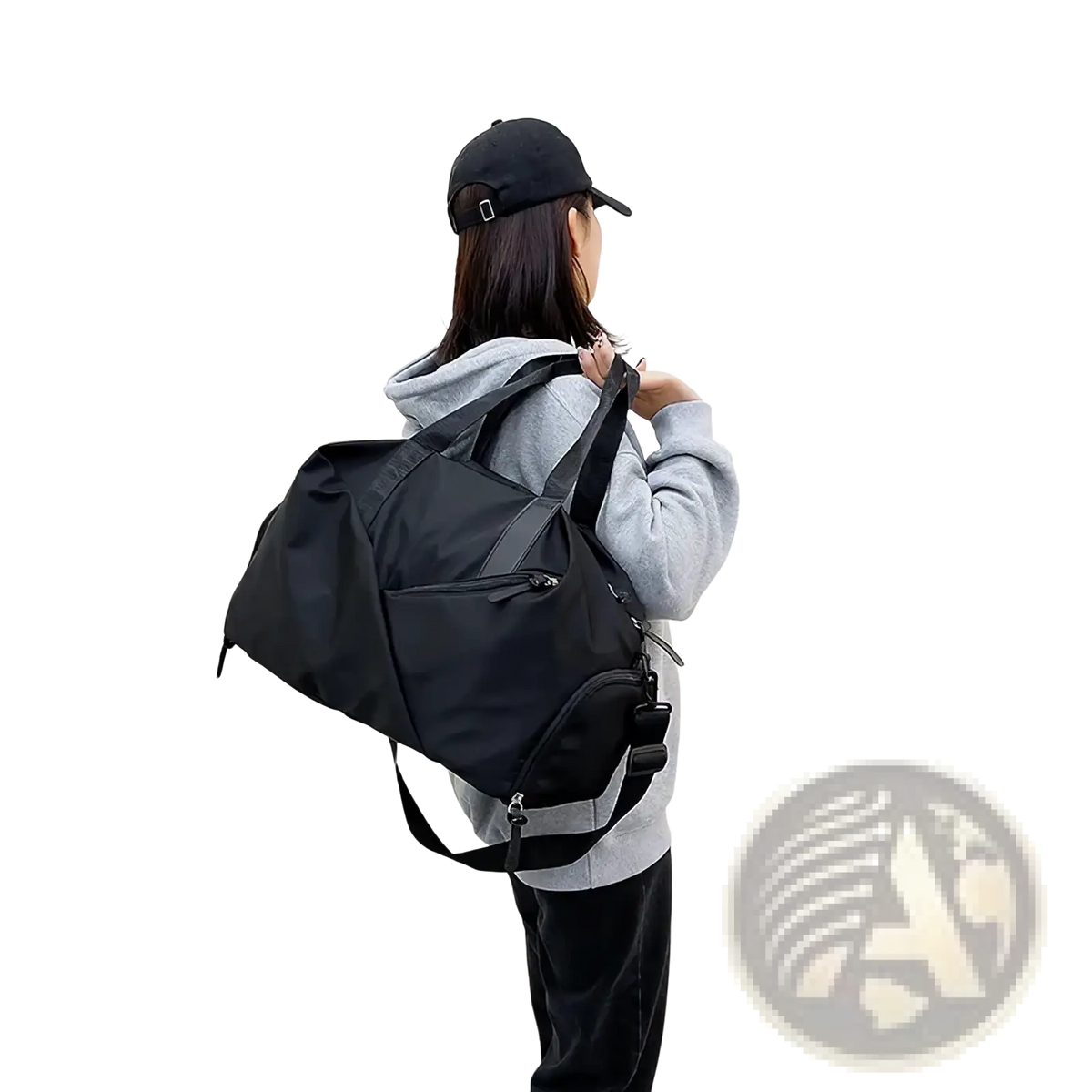 Black nylon women gym duffel bag with adjustable shoulder strap and front zippered pocket for wet dry separation