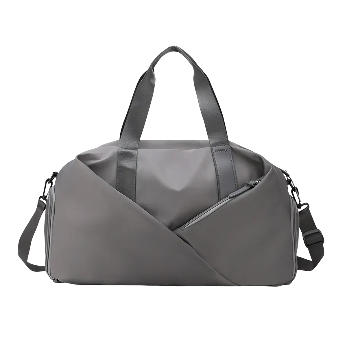 Gray women gym duffel bag with wet dry separation and dual carrying handles for organized workout storage