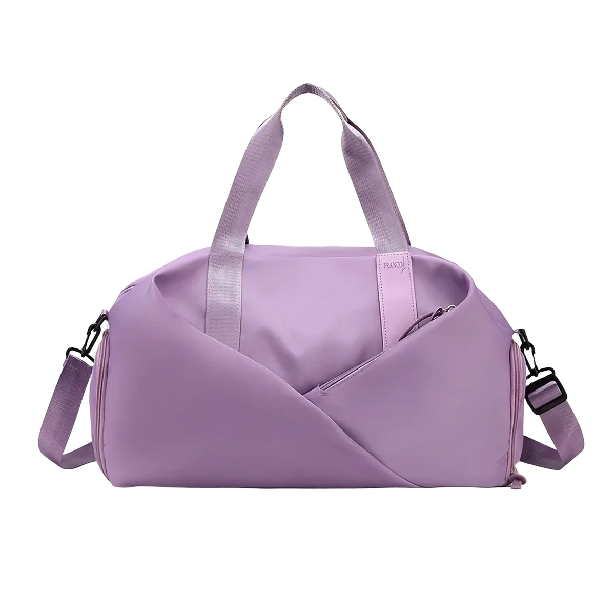 A lavender durable fabric women gym duffel bag with wet dry separation and adjustable shoulder strap