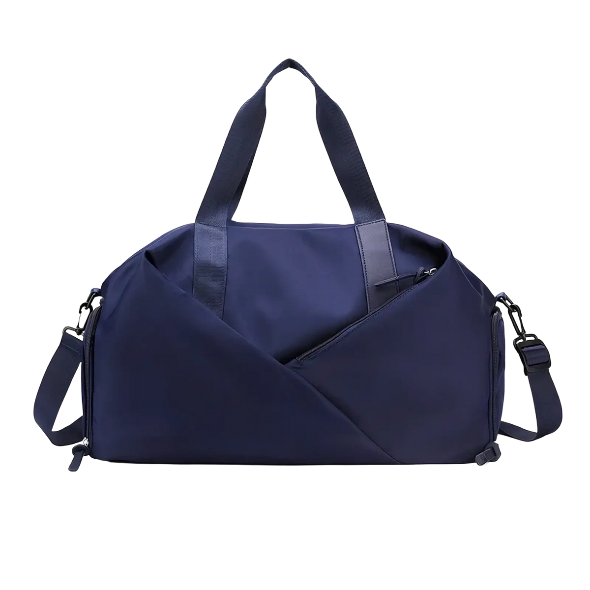 Navy blue nylon women gym duffel bag with adjustable shoulder strap and top handles featuring wet dry separation