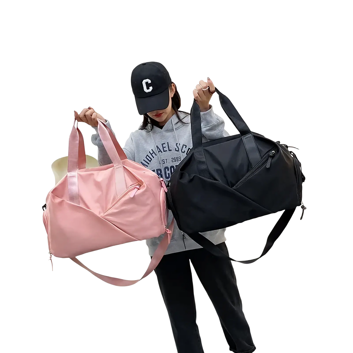 Pink and black nylon women gym duffel bags with adjustable straps multiple zippers and wet dry separation feature