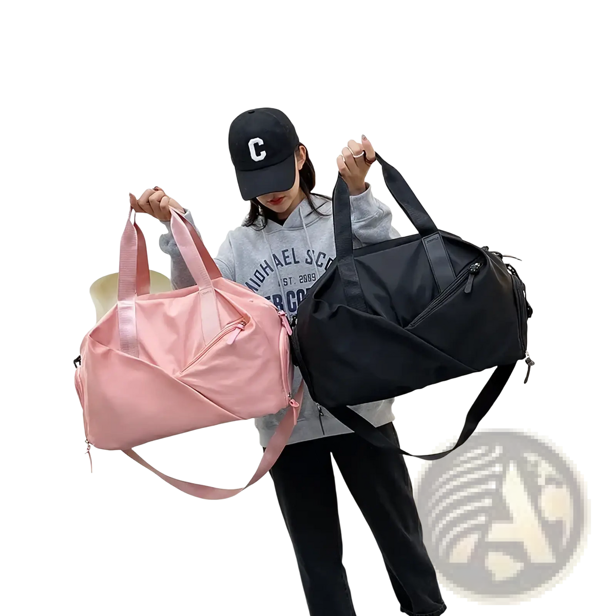 Pink and black nylon women gym duffel bags with adjustable straps multiple zippers and wet dry separation feature
