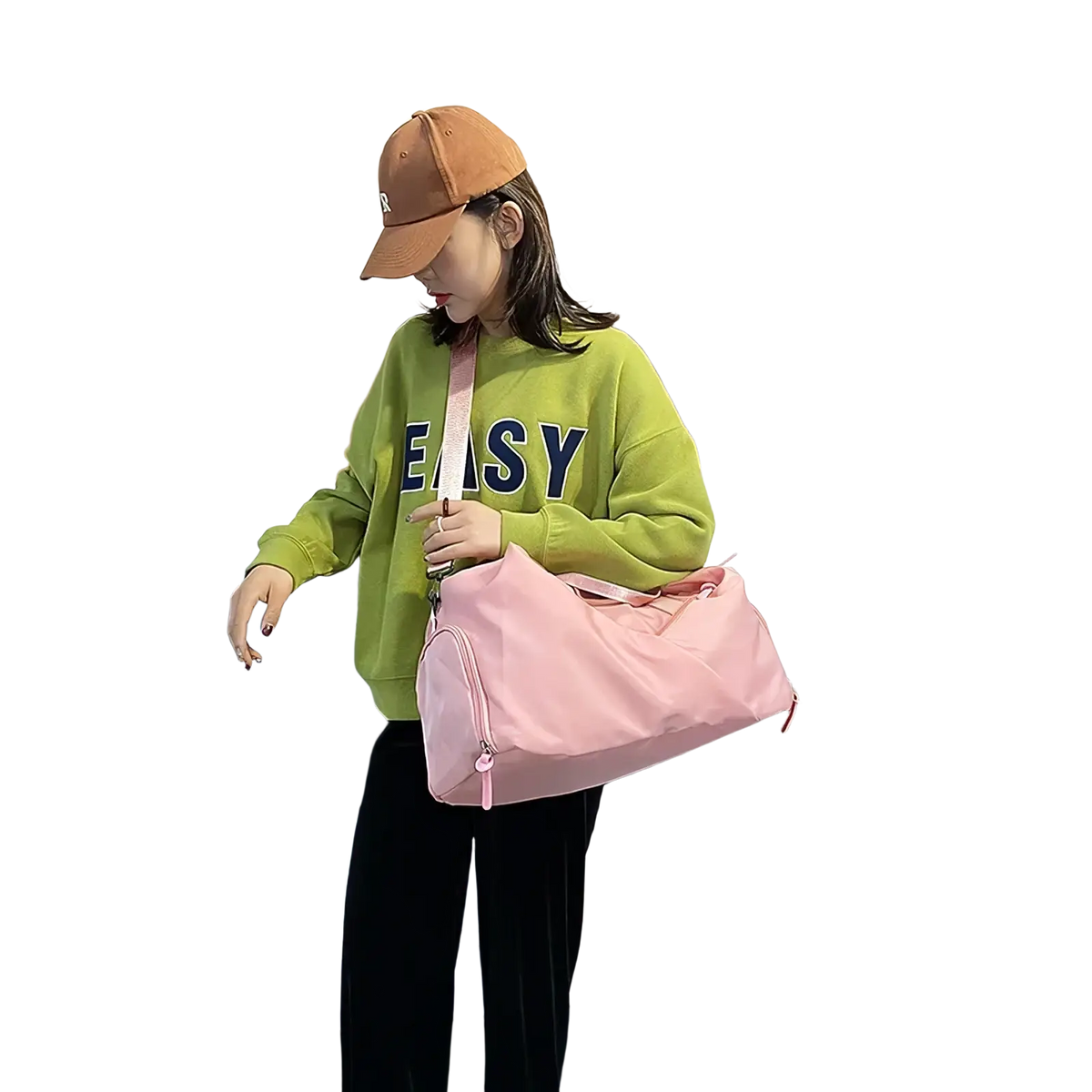 Pink nylon women gym duffel bag with adjustable shoulder strap featuring wet dry separation compartments