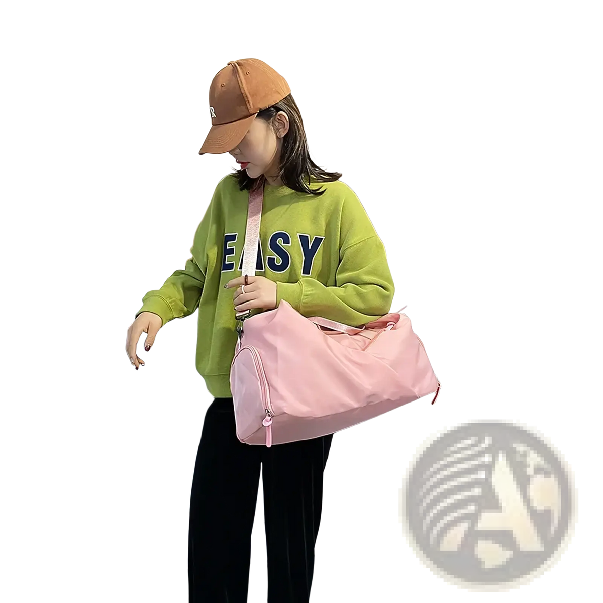 Pink nylon women gym duffel bag with adjustable shoulder strap featuring wet dry separation compartments