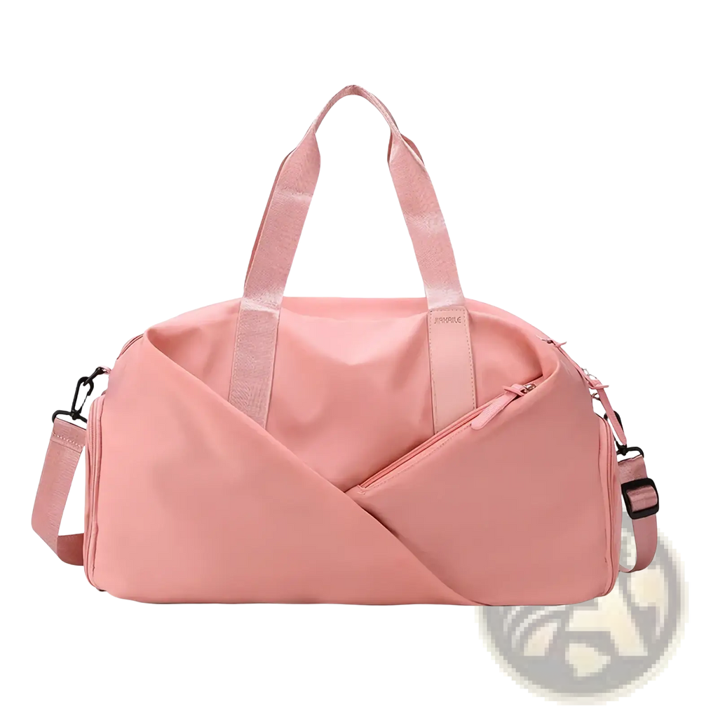 A sleek blush-pink women gym duffel bag with wet dry separation and dual carrying handles for modern use