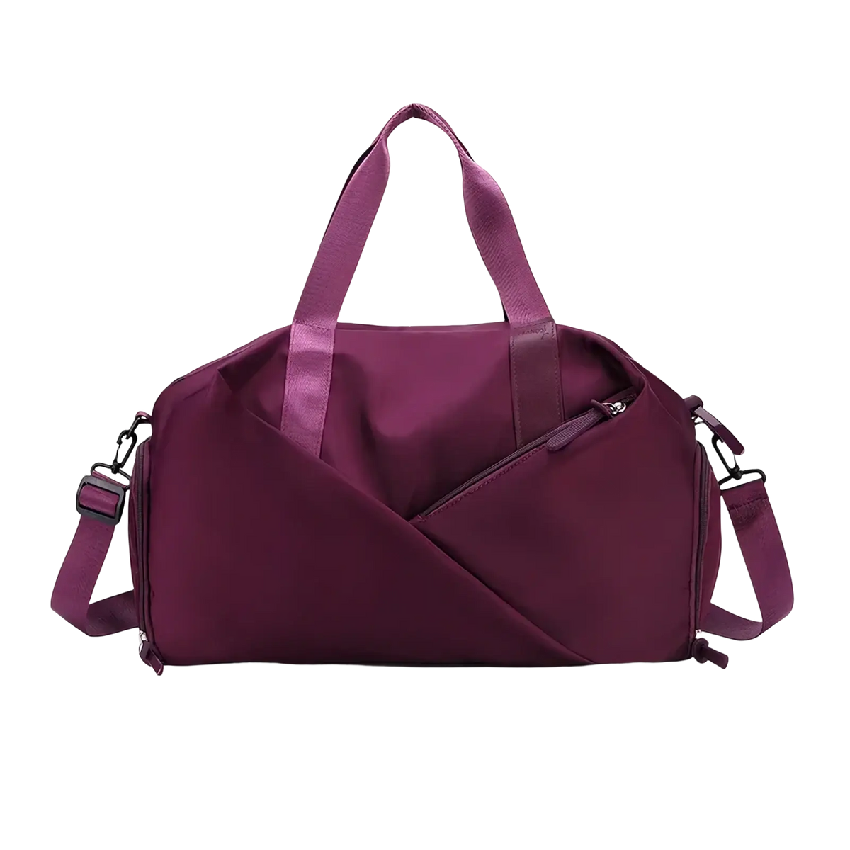 Purple nylon women gym duffel bag with dual top handles and adjustable shoulder strap for wet dry separation