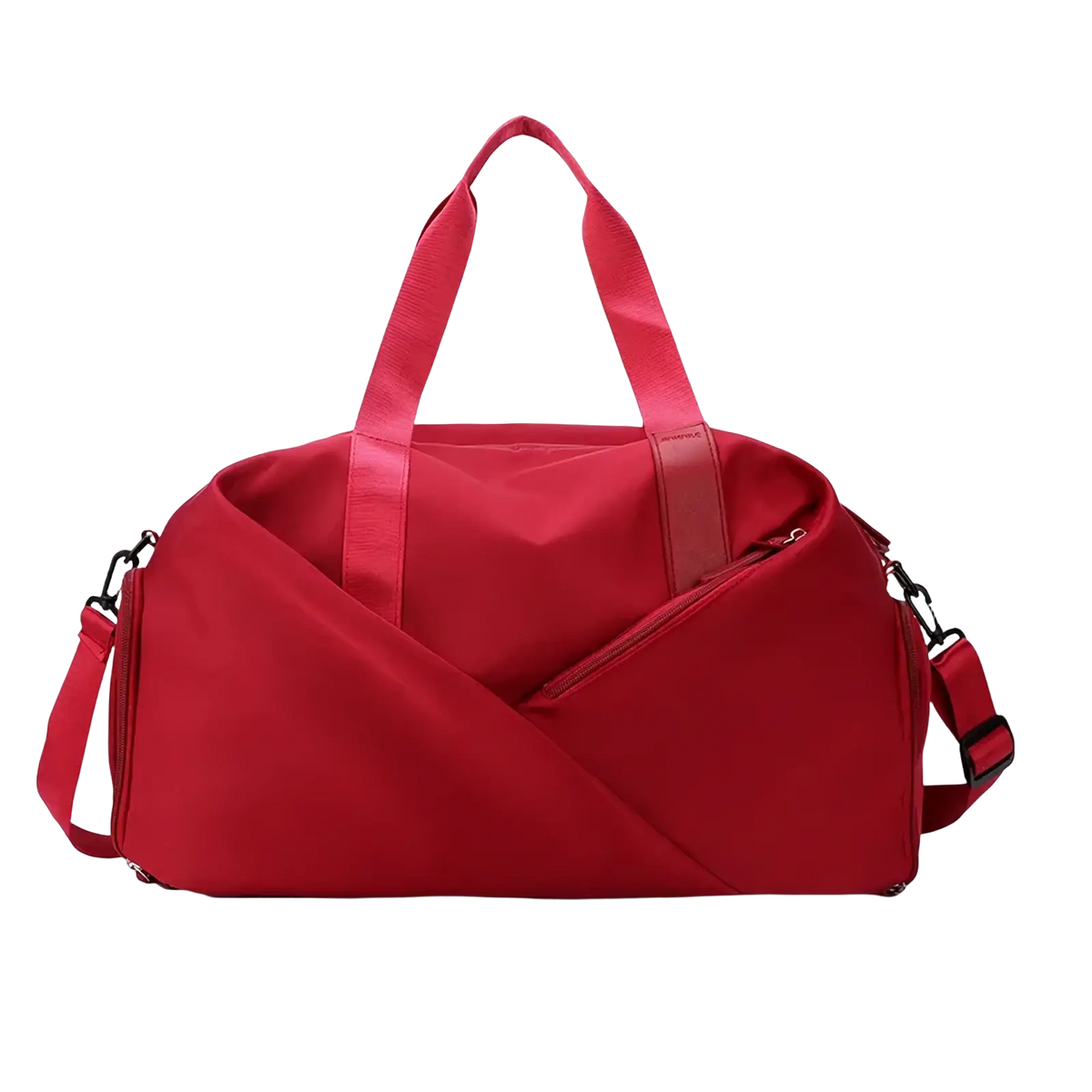 Red nylon women gym duffel bag with wet dry separation dual top handles and adjustable shoulder strap