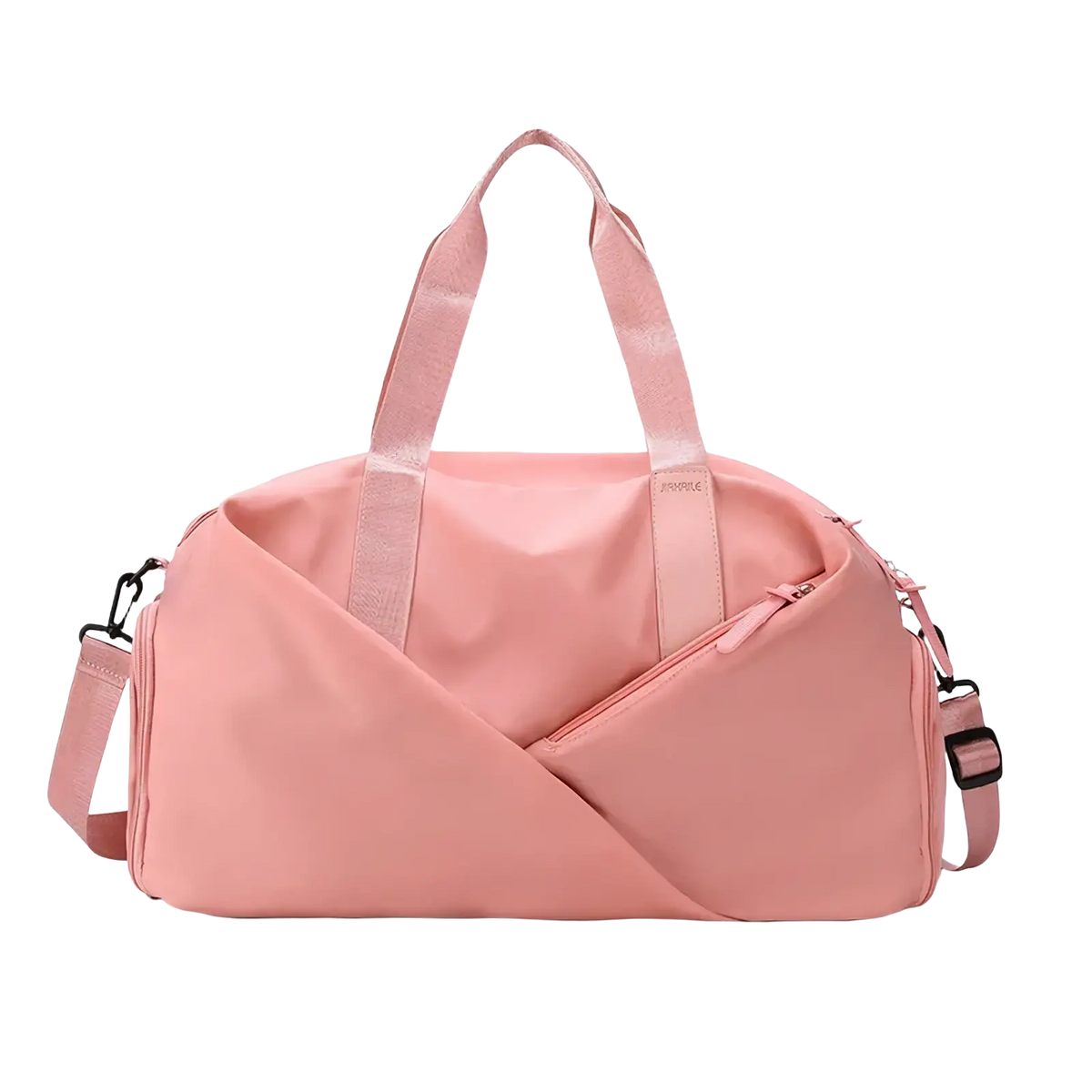A sleek blush-pink women gym duffel bag with wet dry separation and dual carrying handles for modern use