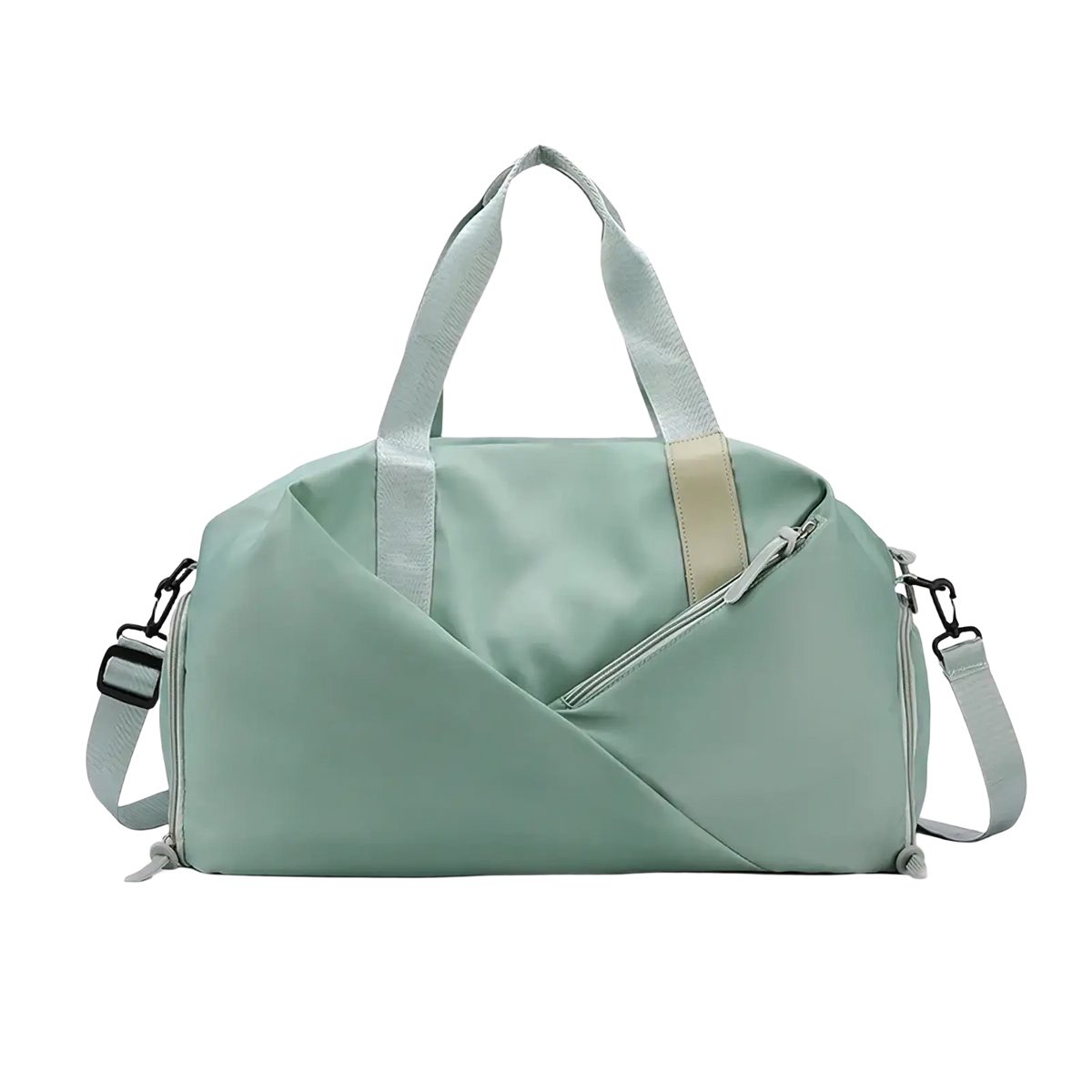 A sleek mint green women gym duffel bag with beige accent stripe and adjustable shoulder strap featuring wet dry separation