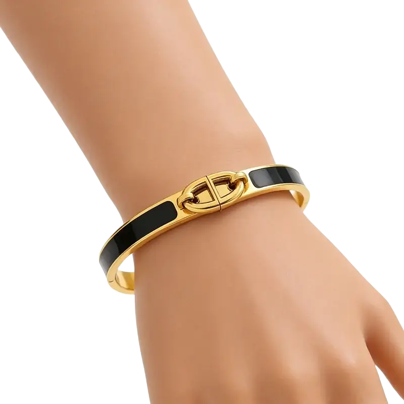 Women h bangle gold enamel minimalist bracelet with black enamel and sleek interlocking chain clasp fashion bracelet