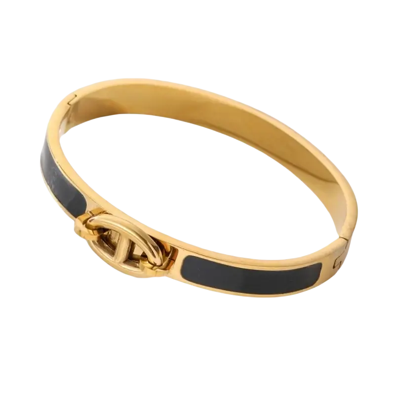 Women h bangle gold enamel minimalist bracelet featuring a gold-tone bangle with black enamel accents and interlocking logo clasp