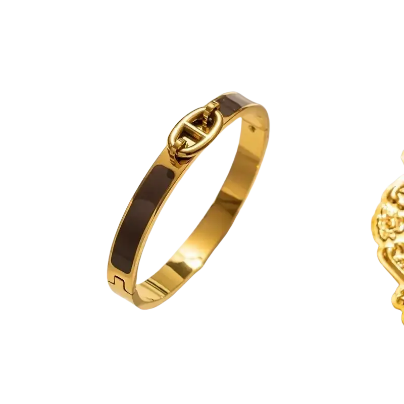 Gold-tone women h bangle with black enamel stripes and interlocking h clasp minimalist fashion bracelet