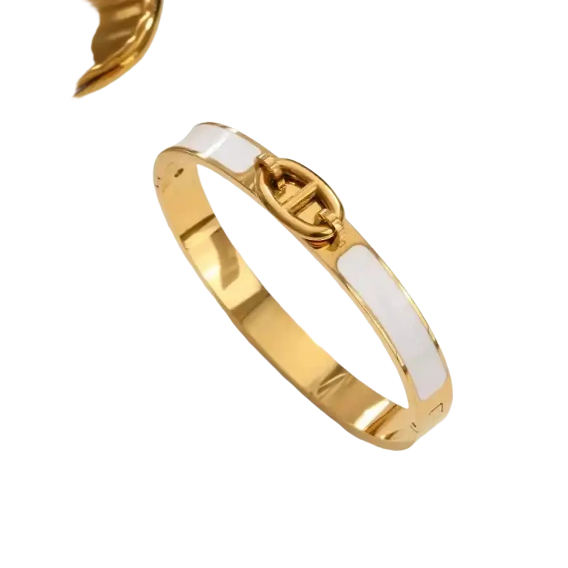 Women h bangle gold enamel minimalist bracelet featuring a gold-tone bangle with white enamel inlay and chain clasp