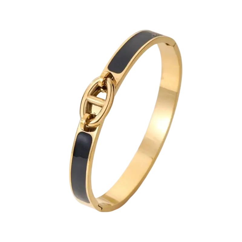 Women h bangle gold enamel minimalist fashion bracelet featuring gold-toned bangle with black enamel inlays and chain clasp