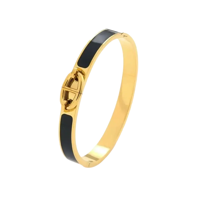 Women h bangle gold enamel minimalist bracelet featuring a gold-toned stainless steel bangle with black enamel stripe and interlocking clasp