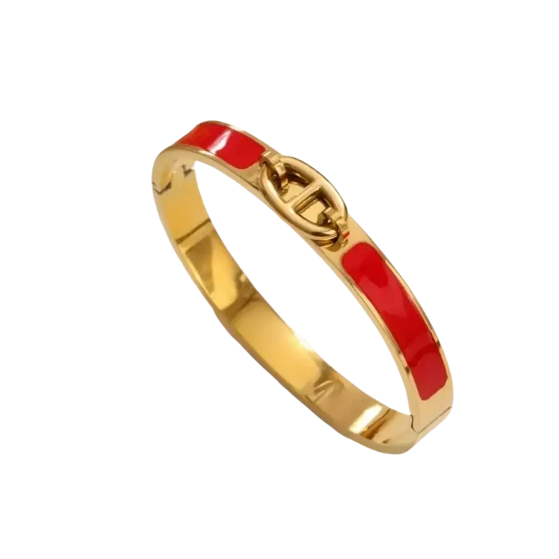 Women h bangle gold enamel minimalist bracelet featuring a gold-toned bangle with red enamel and interlocking chain clasp