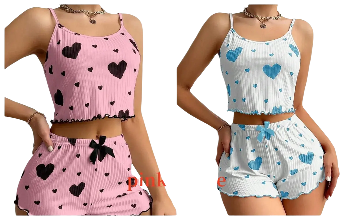 Women heart print pajama set featuring pink and blue ribbed crop top and shorts with 8cm length bottoms and soft fabric