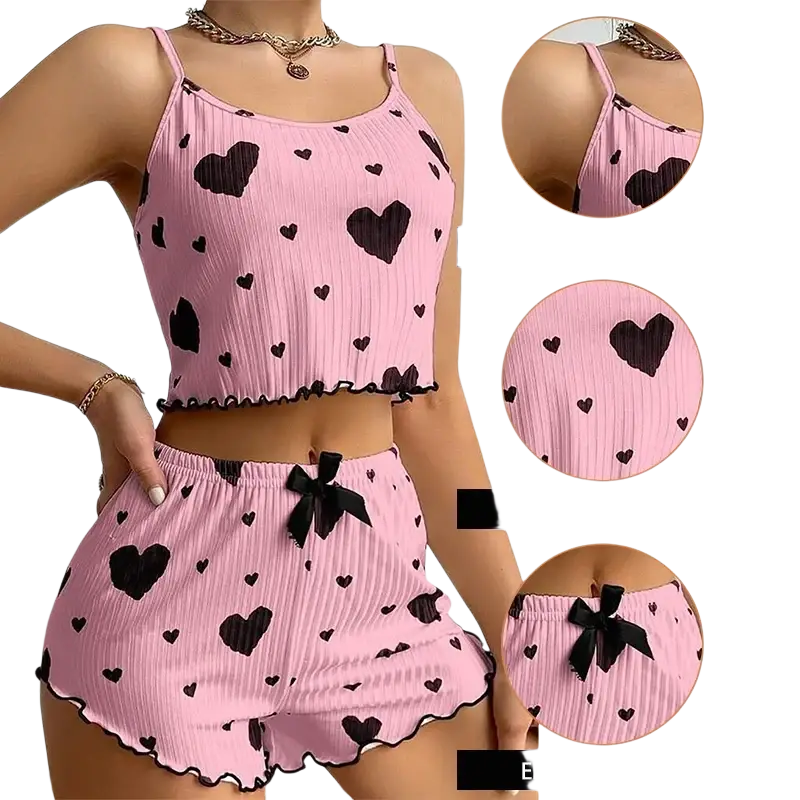 Women heart print pajama set soft ribbed pink tank and shorts with black bows elastic waistband 8cm size bottoms length tops length