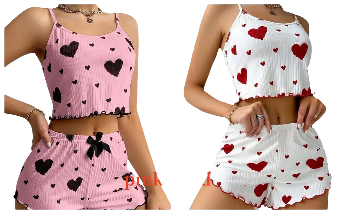 Women heart print pajama set with pink and red heart patterned ribbed crop top and shorts featuring 8cm bottoms length