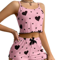 Pink ribbed heart-patterned women heart print pajama set soft tank and shorts with black bows and ruffled hem 8cm size tops length bottoms length