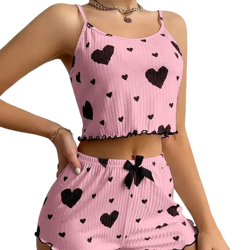 Pink ribbed heart-patterned women heart print pajama set soft tank and shorts with black bows and ruffled hem 8cm size tops length bottoms length