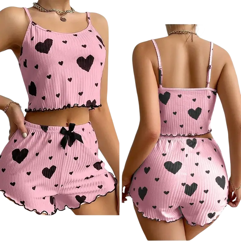 Pink ribbed women heart print pajama set with soft tank and shorts featuring 8cm bottoms length and black accents
