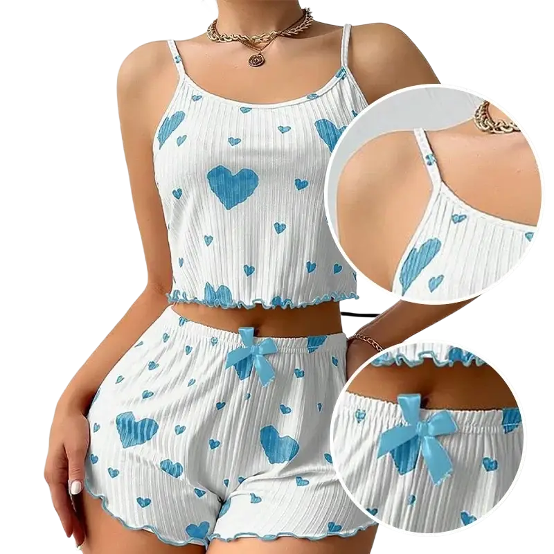 Women heart print pajama set in white and blue ribbed fabric with ruffled edges and matching bows tops length 8cm bottoms length