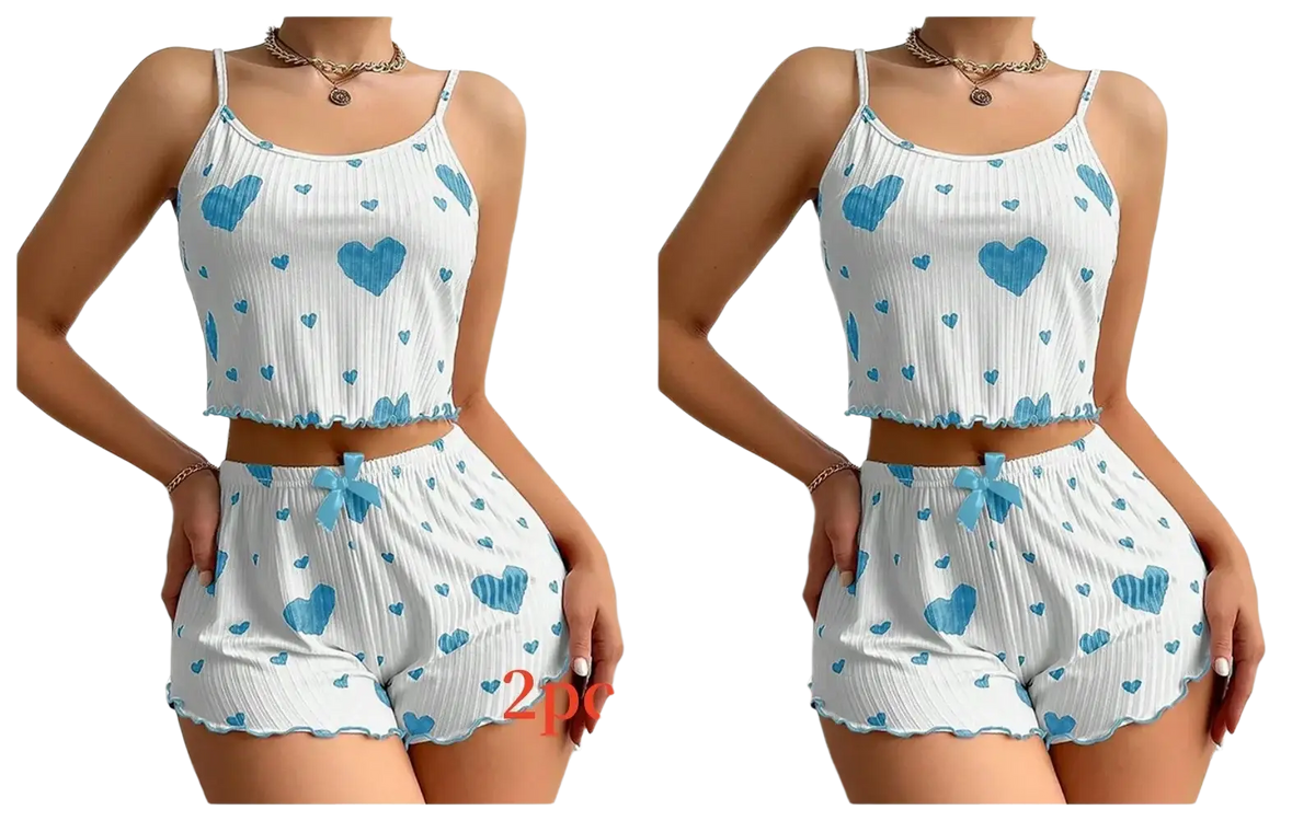 Women heart print pajama set with white and blue ribbed crop top and shorts featuring 8cm bottoms length
