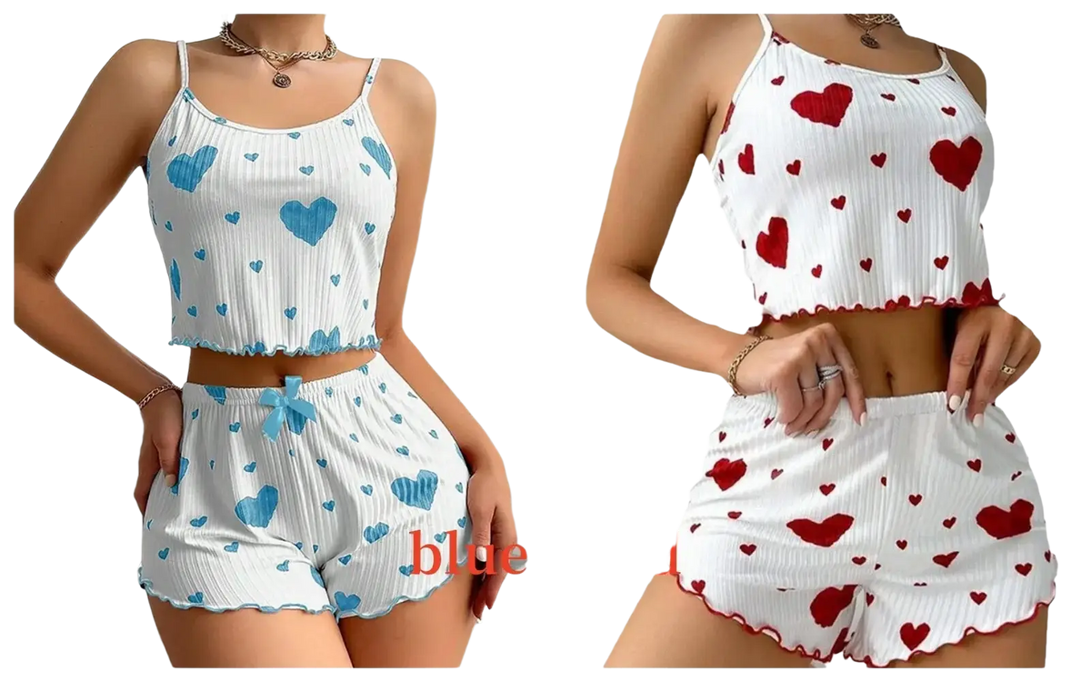 Women heart print pajama set with ribbed texture, white hearts on blue or red cropped tops length and 8cm shorts bottoms length
