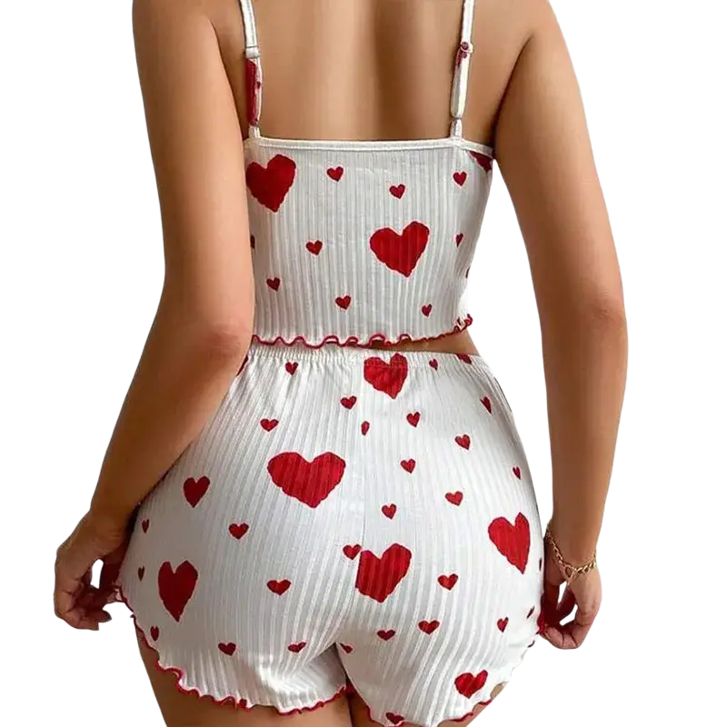 White pleated heart print two-piece pajama set with red accents soft tank top 8cm shorts length for women