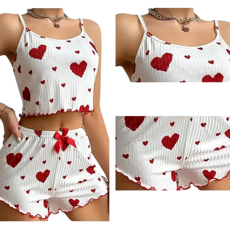 Women heart print pajama set with white and red heart pattern soft tank top with 8cm length and ruffled shorts bottoms length