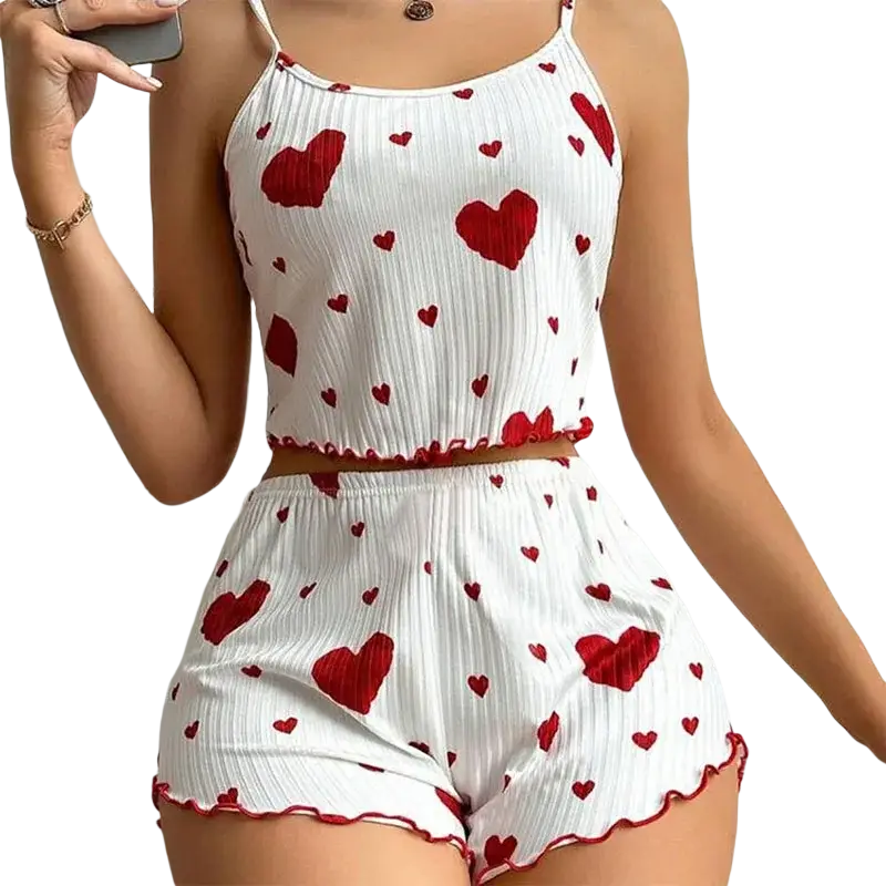 Women heart print pajama set with white and red ribbed tank and shorts featuring 8cm bottoms length