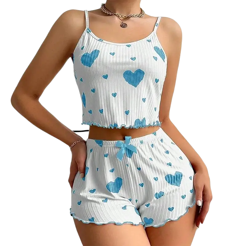 White ribbed women heart print pajama set with blue hearts and matching bow waist featuring soft tank tops length and bottoms length 8cm size