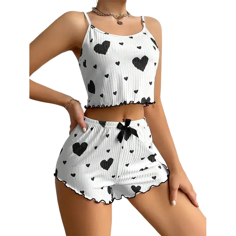 White ribbed women heart print pajama set with soft tank tops length and 8cm bottoms length ruffled hemlines