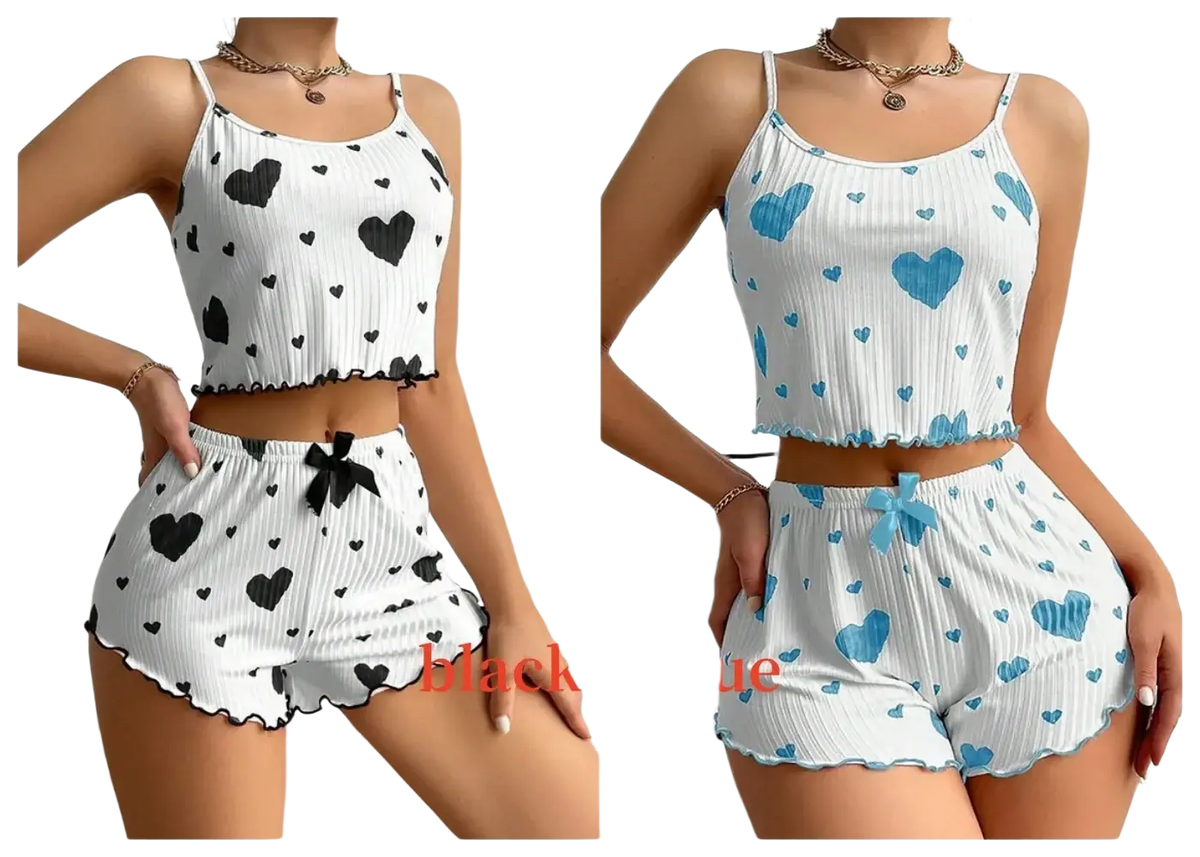 White ribbed women heart print pajama set with cropped soft tank and shorts featuring 8cm ruffled hems bottoms length